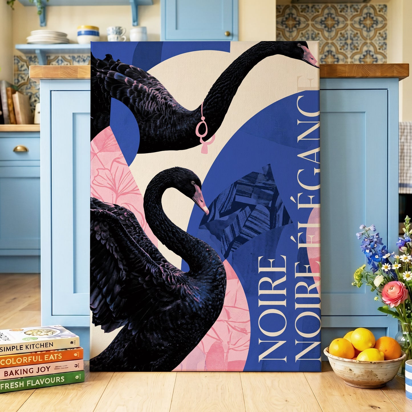 Black Swan Reverie, black, blue, pink nature wall art on canvas displayed in a styled interior, gallery view 1