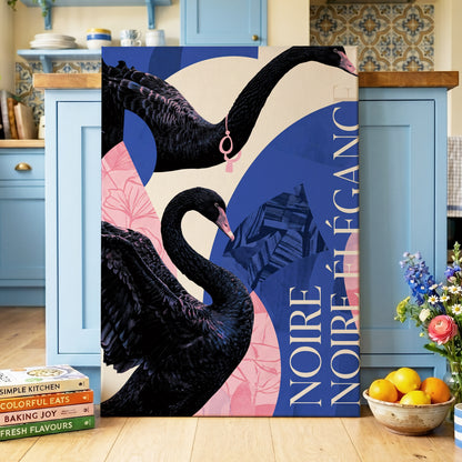 Black Swan Reverie, black, blue, pink nature wall art on canvas displayed in a styled interior, gallery view 1