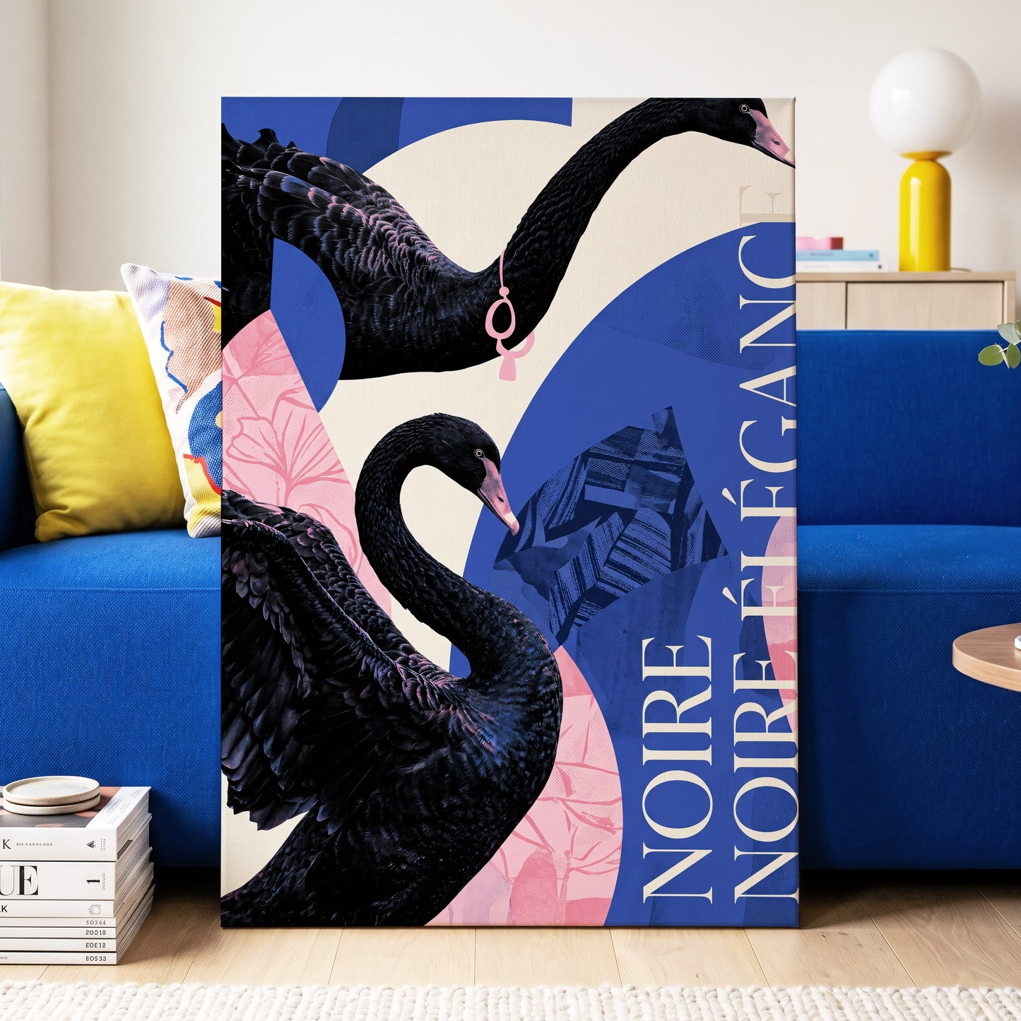 Black Swan Reverie, black, blue, pink nature wall art on canvas displayed in a styled interior, gallery view 2