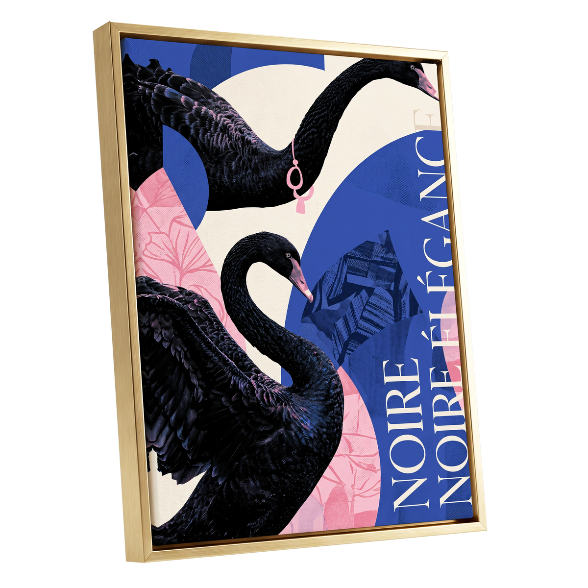 Black Swan Reverie, black, blue, pink nature wall art shown as a gold framed canvas wall art