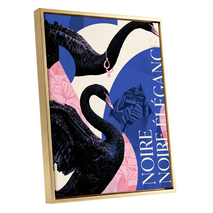 Black Swan Reverie, black, blue, pink nature wall art shown as a gold framed canvas wall art