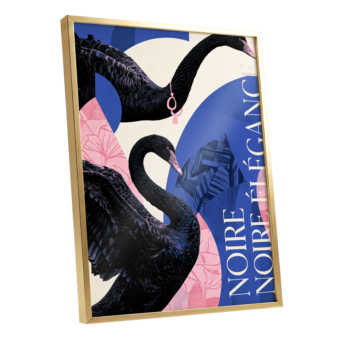 Black Swan Reverie, black, blue, pink nature wall art shown as a gold framed poster wall art print