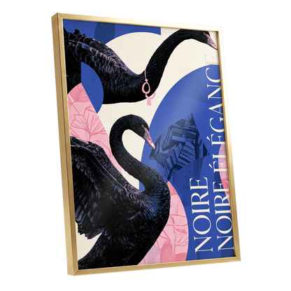 Black Swan Reverie, black, blue, pink nature wall art shown as a gold framed poster wall art print