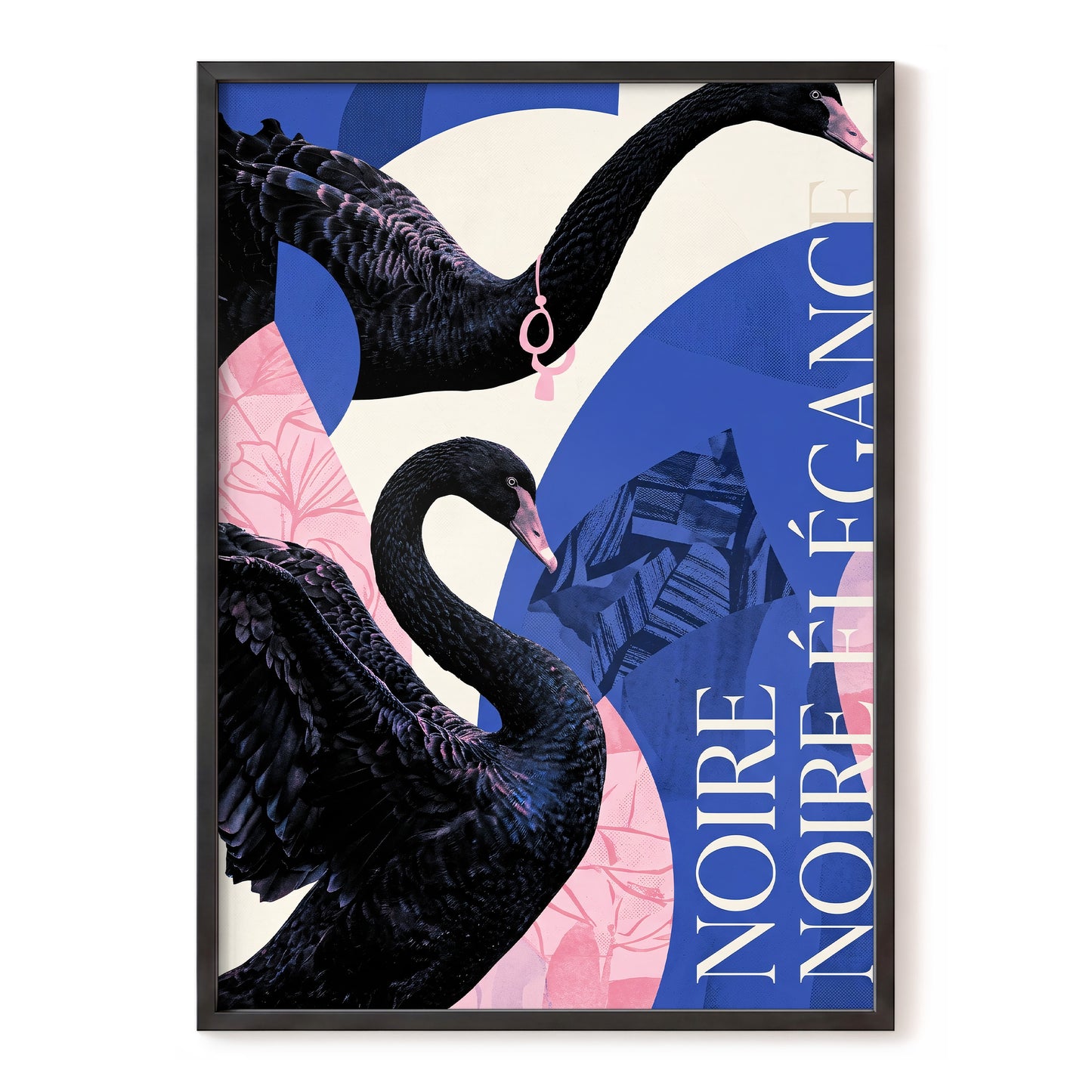 Black Swan Reverie, black, blue, pink nature wall art, front artwork view