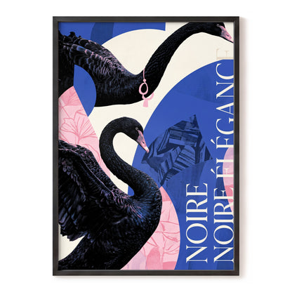 Black Swan Reverie, black, blue, pink nature wall art, front artwork view