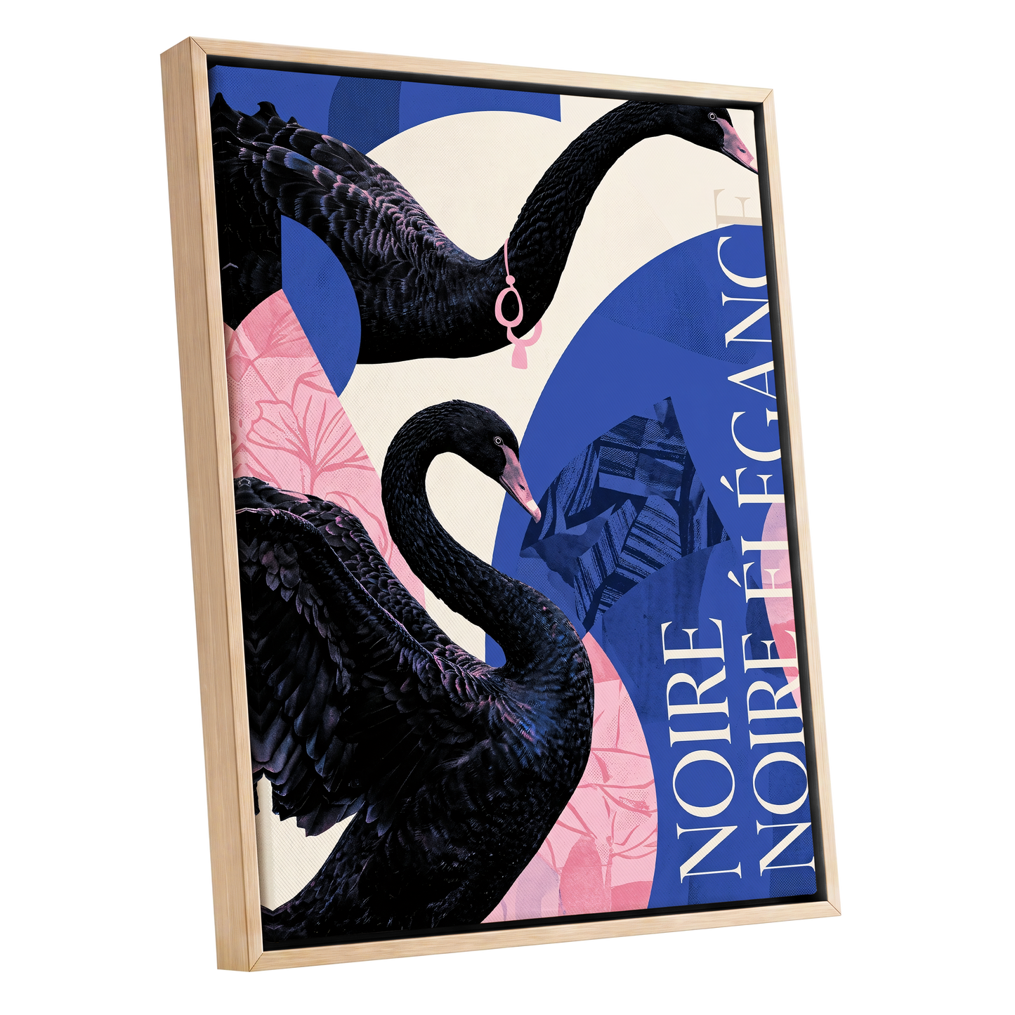 Black Swan Reverie, black, blue, pink nature wall art shown as a oak framed canvas wall art
