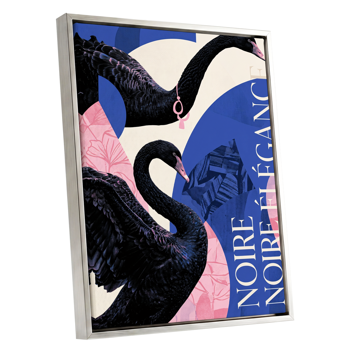 Black Swan Reverie, black, blue, pink nature wall art shown as a silver framed canvas wall art