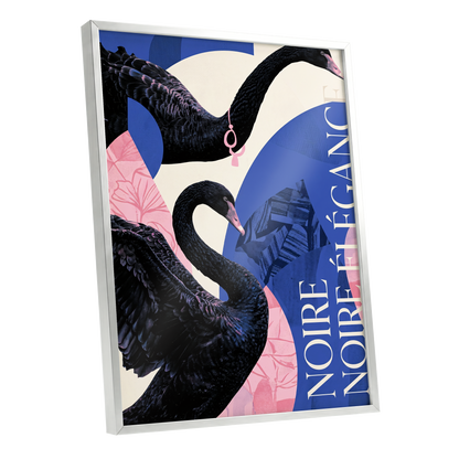 Black Swan Reverie, black, blue, pink nature wall art shown as a silver framed poster wall art print