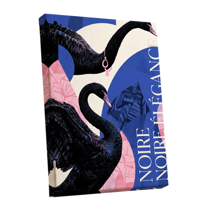 Black Swan Reverie, black, blue, pink nature wall art shown as a stretched canvas wall art