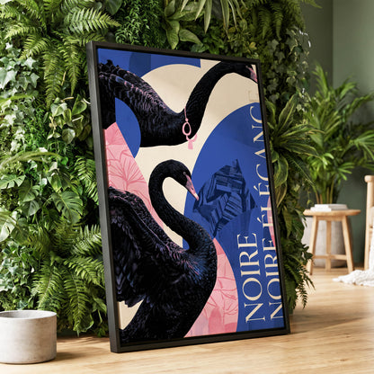 Black Swan Reverie, black, blue, pink nature wall art displayed in a styled interior, gallery view 1