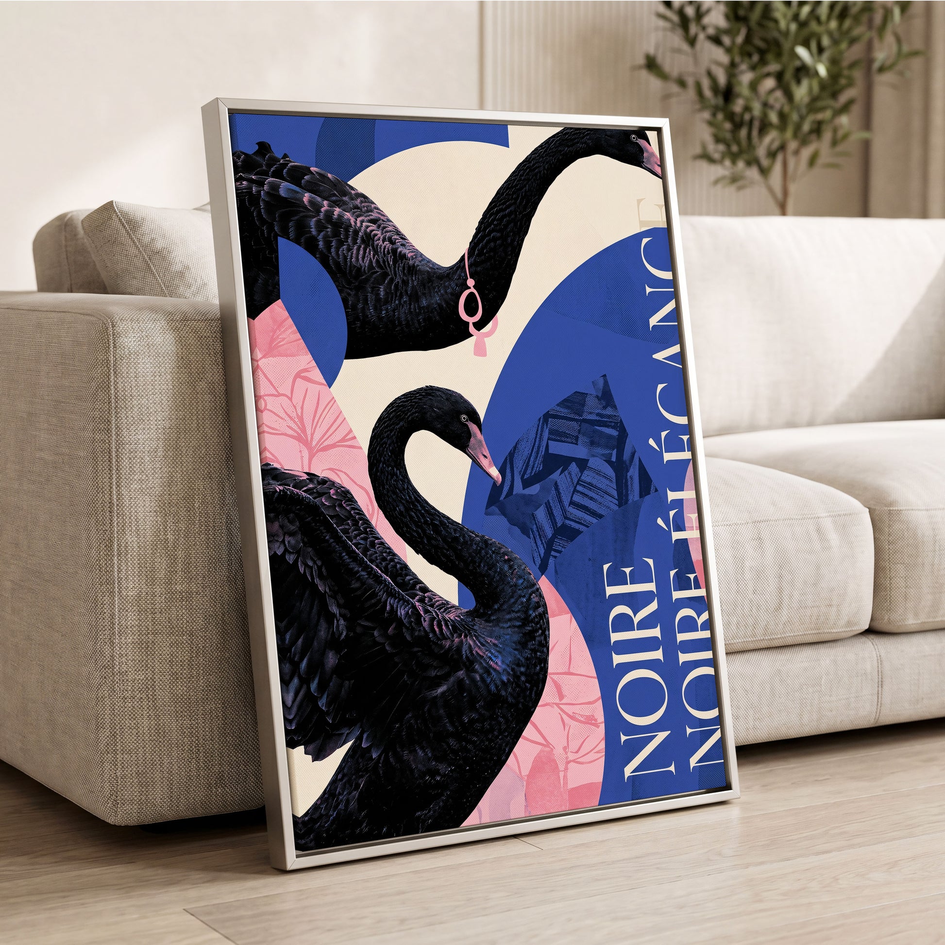 Black Swan Reverie, black, blue, pink nature wall art displayed in a styled interior, gallery view 2