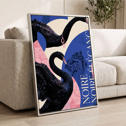 Black Swan Reverie, black, blue, pink nature wall art displayed in a styled interior, gallery view 2