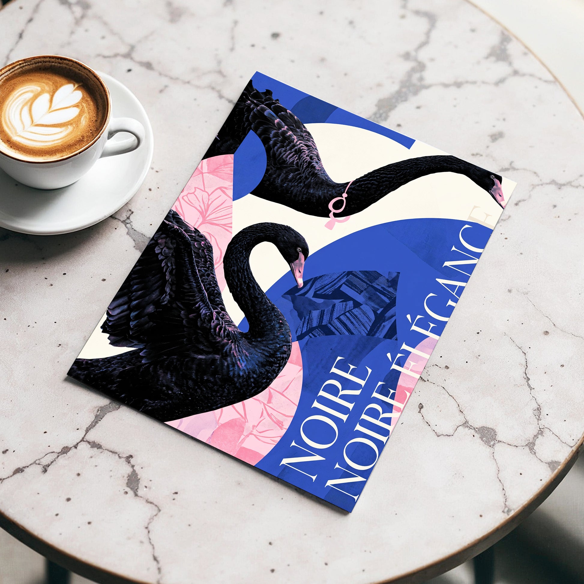 Black Swan Reverie, black, blue, pink nature wall art displayed in a styled interior, gallery view 3