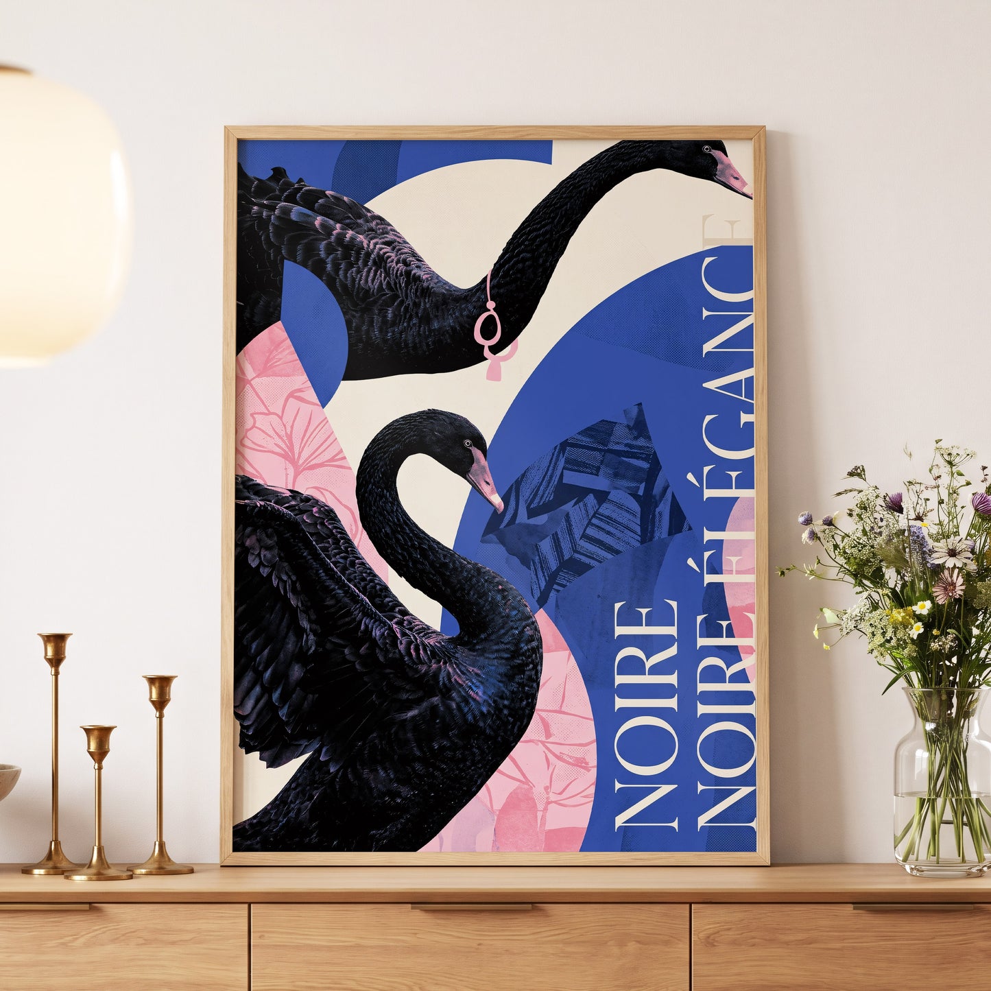 Black Swan Reverie, black, blue, pink nature wall art displayed in a styled interior, gallery view 4