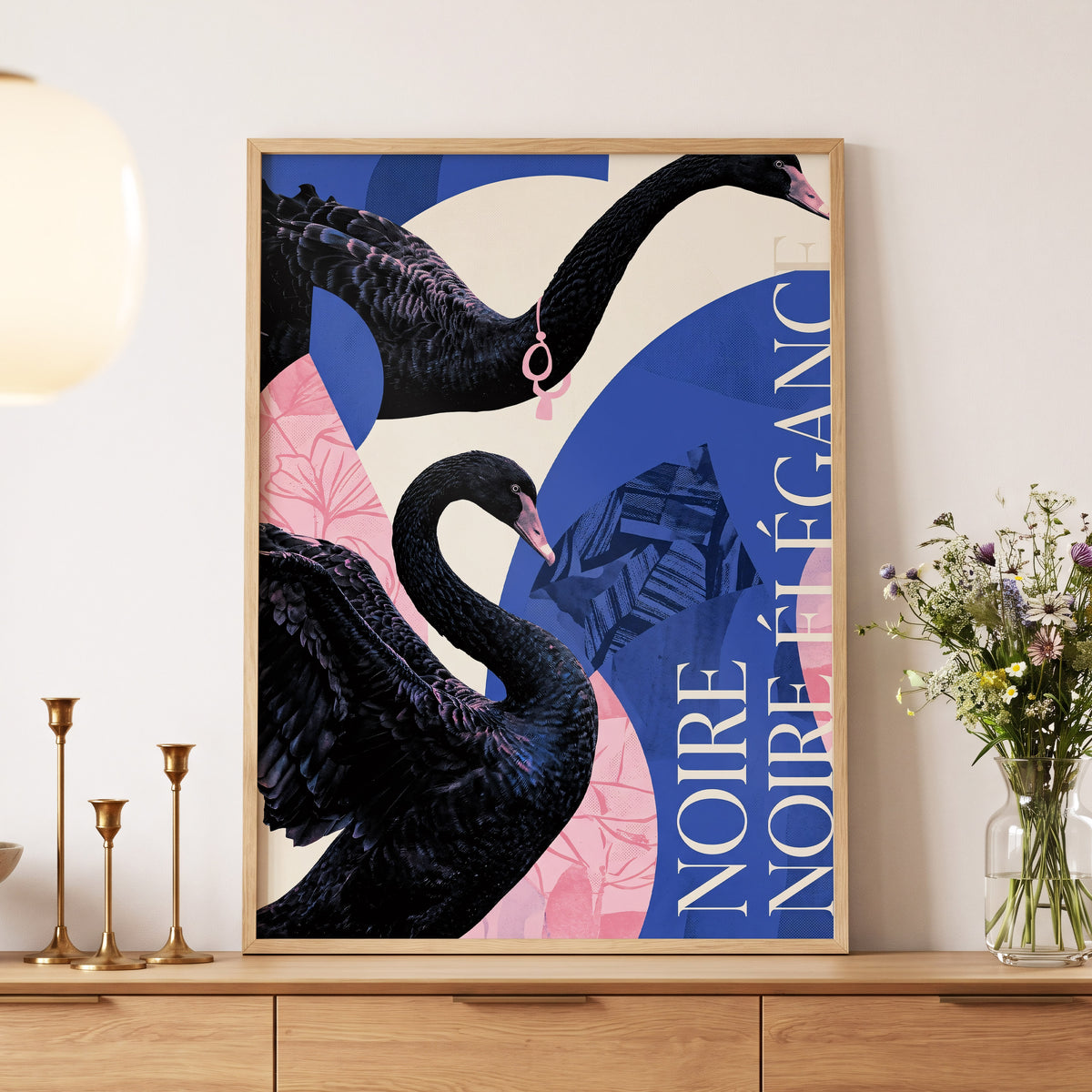 Black Swan Reverie, black, blue, pink nature wall art displayed in a styled interior, gallery view 4