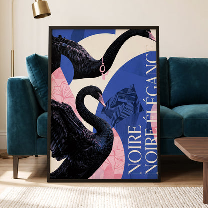 Black Swan Reverie, black, blue, pink nature wall art displayed in a styled interior, gallery view 5