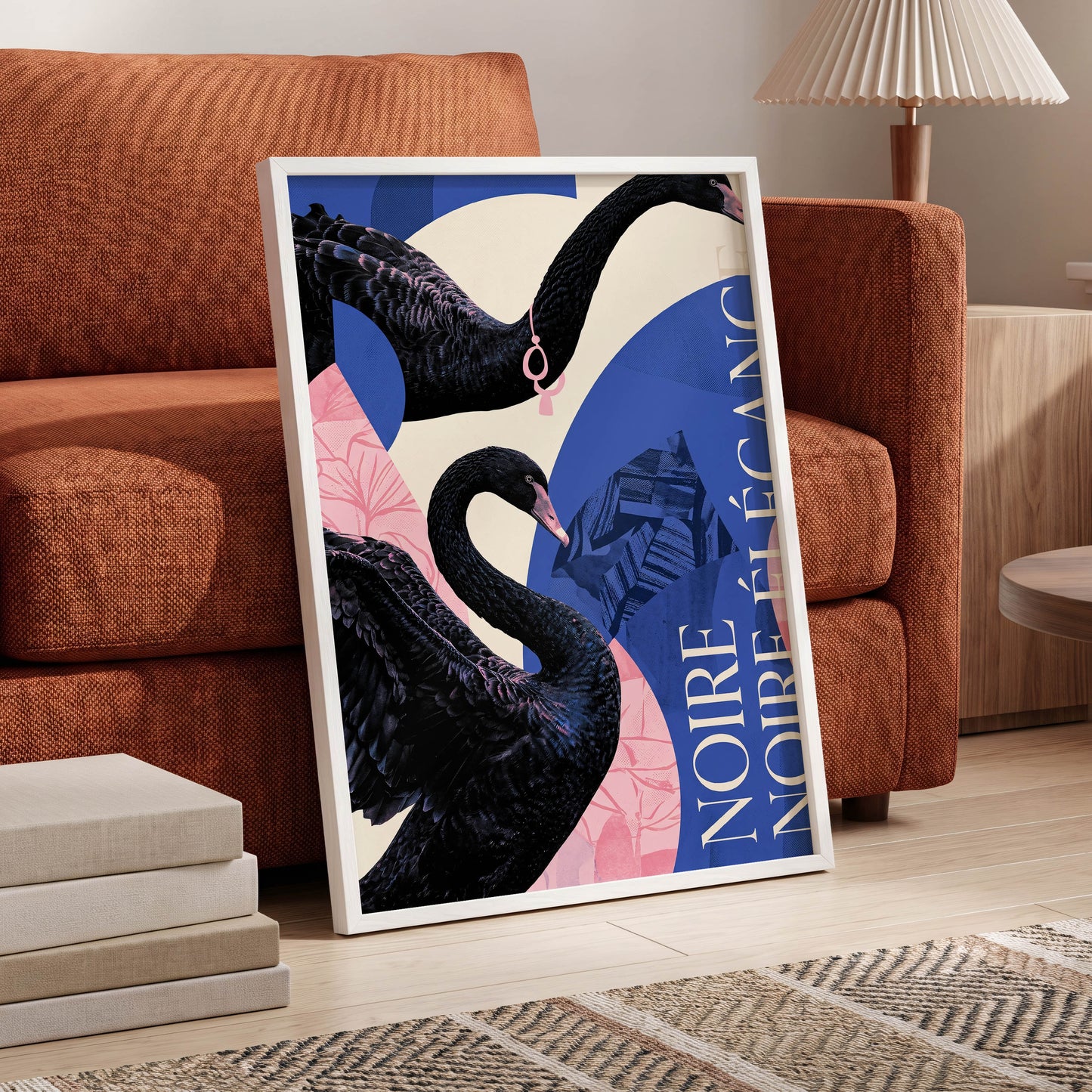 Black Swan Reverie, black, blue, pink nature wall art displayed in a styled interior, gallery view 6