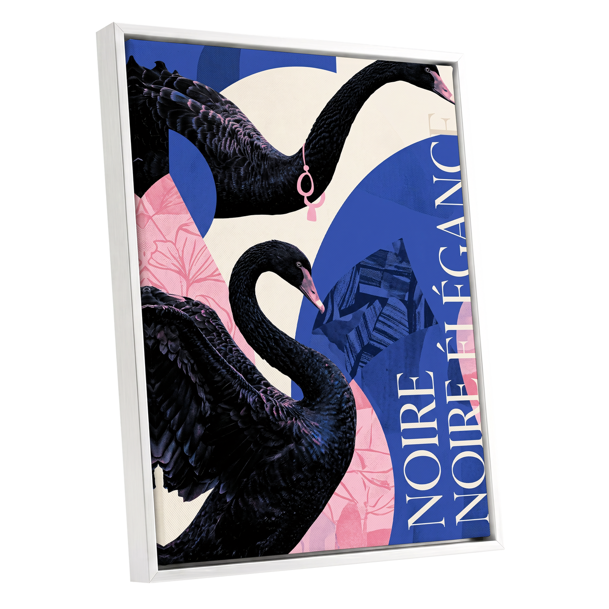 Black Swan Reverie, black, blue, pink nature wall art shown as a white framed canvas wall art