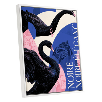 Black Swan Reverie, black, blue, pink nature wall art shown as a white framed canvas wall art