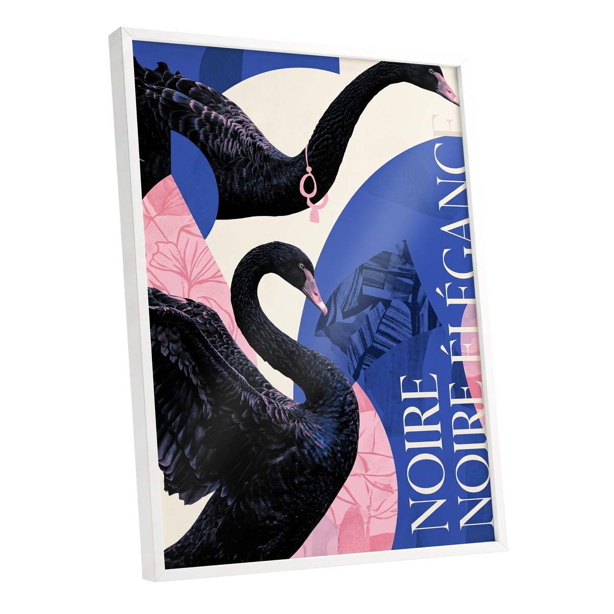 Black Swan Reverie, black, blue, pink nature wall art shown as a white framed poster wall art print