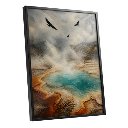Black Wings Over Steam, gray, blue, brown nature wall art shown as a black framed poster wall art print