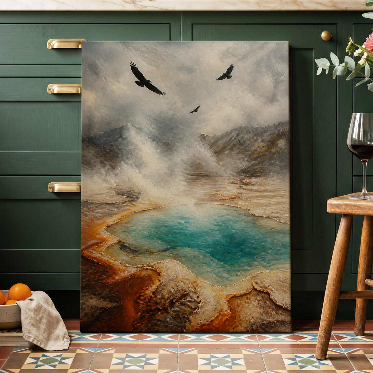 Black Wings Over Steam, gray, blue, brown nature wall art on canvas displayed in a styled interior, gallery view 1