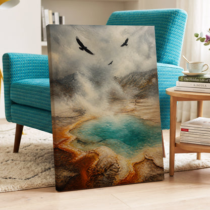 Black Wings Over Steam, gray, blue, brown nature wall art on canvas displayed in a styled interior, gallery view 2
