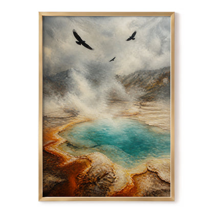 Black Wings Over Steam, gray, blue, brown nature wall art, front artwork view