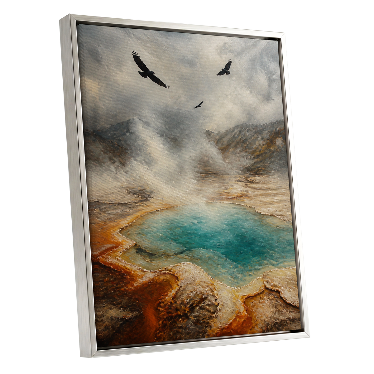 Black Wings Over Steam, gray, blue, brown nature wall art shown as a silver framed canvas wall art