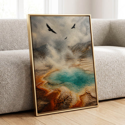 Black Wings Over Steam, gray, blue, brown nature wall art displayed in a styled interior, gallery view 1