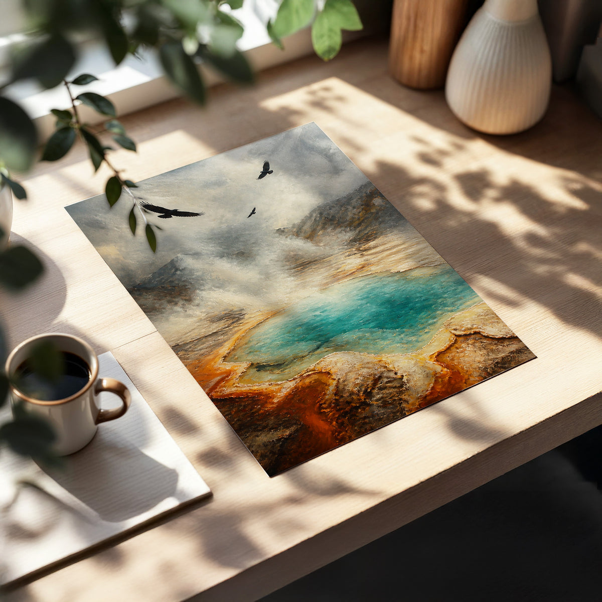 Black Wings Over Steam, gray, blue, brown nature wall art displayed in a styled interior, gallery view 2