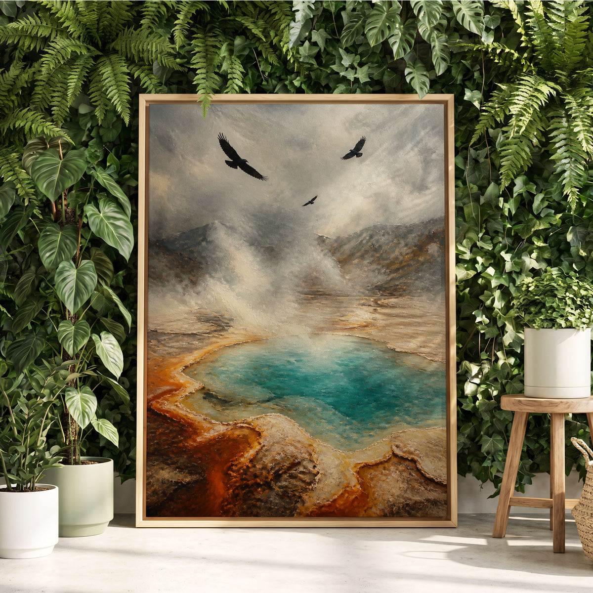 Black Wings Over Steam, gray, blue, brown nature wall art displayed in a styled interior, gallery view 3