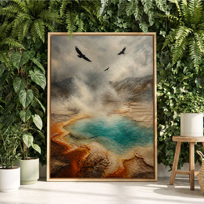 Black Wings Over Steam, gray, blue, brown nature wall art displayed in a styled interior, gallery view 3