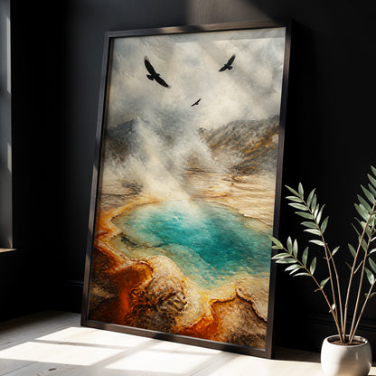 Black Wings Over Steam, gray, blue, brown nature wall art displayed in a styled interior, gallery view 4