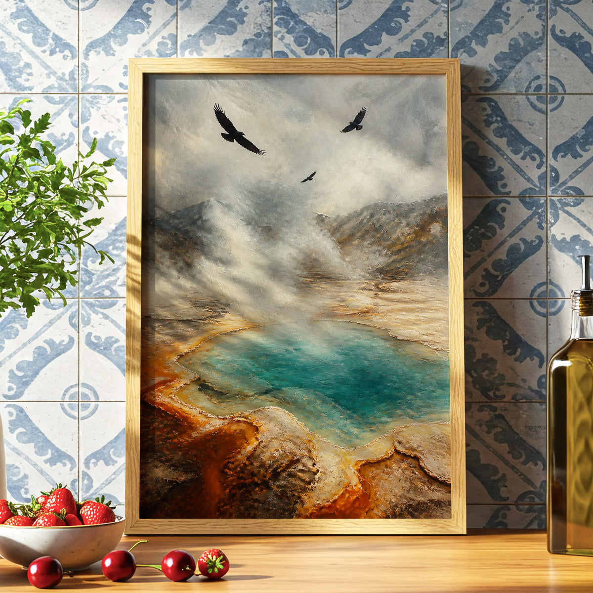Black Wings Over Steam, gray, blue, brown nature wall art displayed in a styled interior, gallery view 6