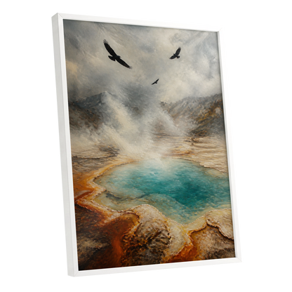Black Wings Over Steam, gray, blue, brown nature wall art shown as a white framed poster wall art print