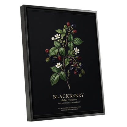 Blackberry Nocturne, black, green, red nature wall art shown as a black framed canvas wall art