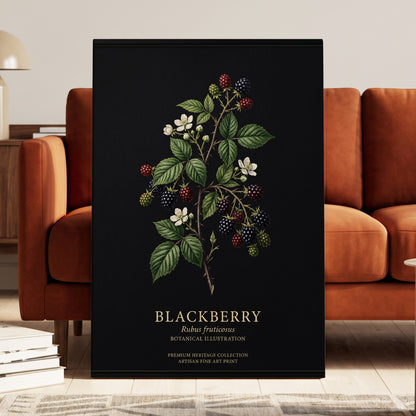Blackberry Nocturne, black, green, red nature wall art on canvas displayed in a styled interior, gallery view 1