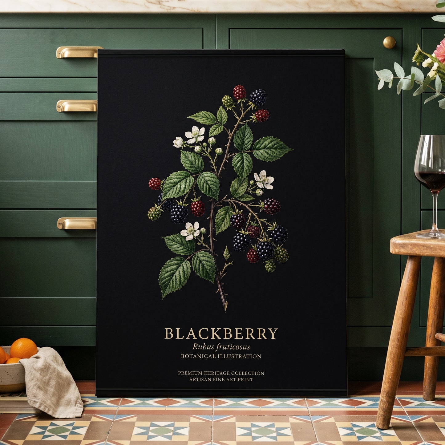 Blackberry Nocturne, black, green, red nature wall art on canvas displayed in a styled interior, gallery view 2