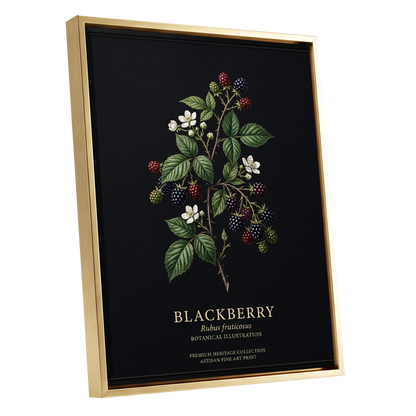 Blackberry Nocturne, black, green, red nature wall art shown as a gold framed canvas wall art