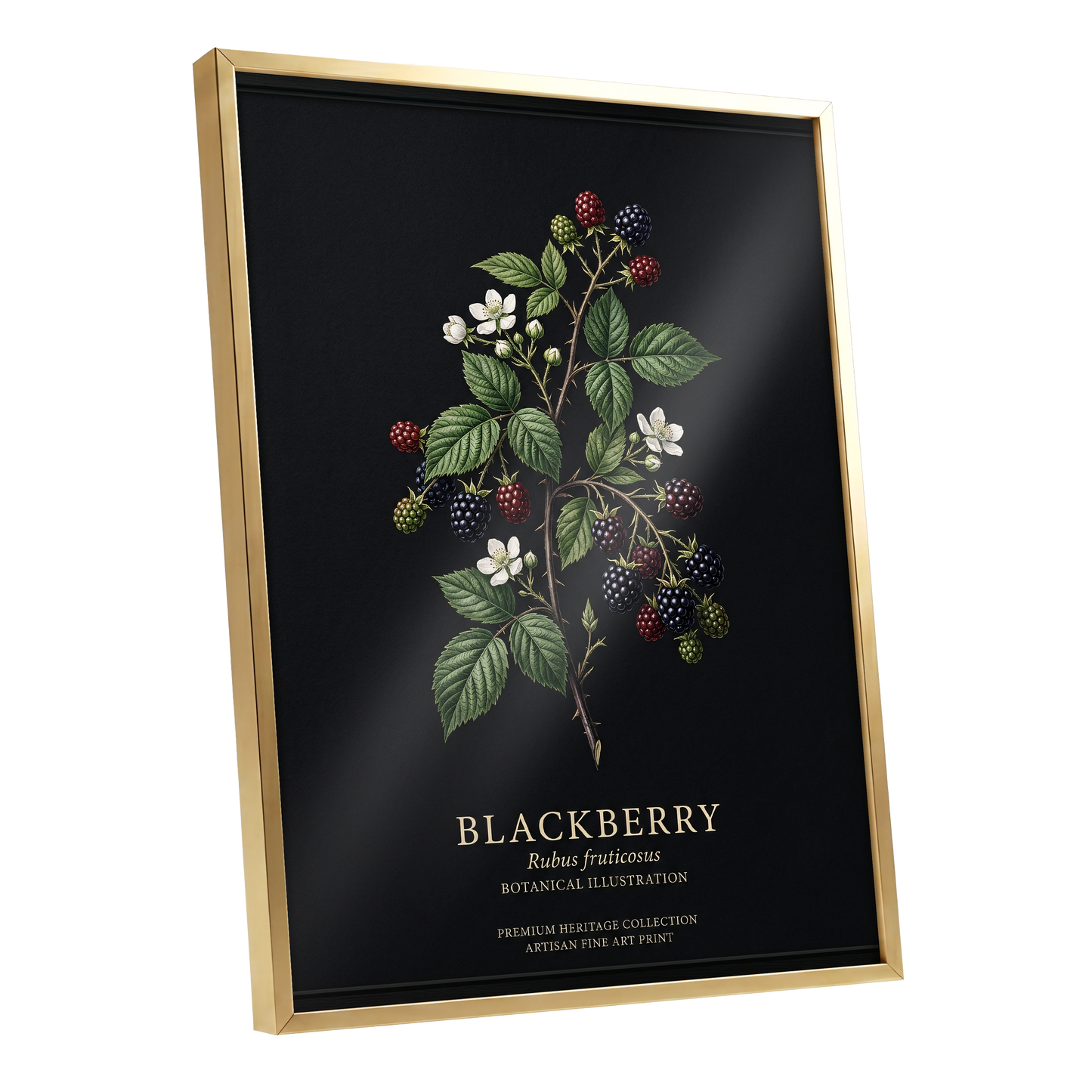 Blackberry Nocturne, black, green, red nature wall art shown as a gold framed poster wall art print