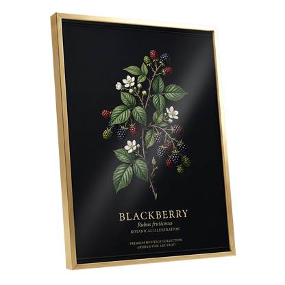 Blackberry Nocturne, black, green, red nature wall art shown as a gold framed poster wall art print