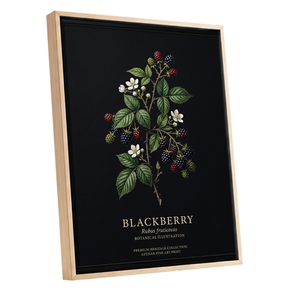 Blackberry Nocturne, black, green, red nature wall art shown as a oak framed canvas wall art