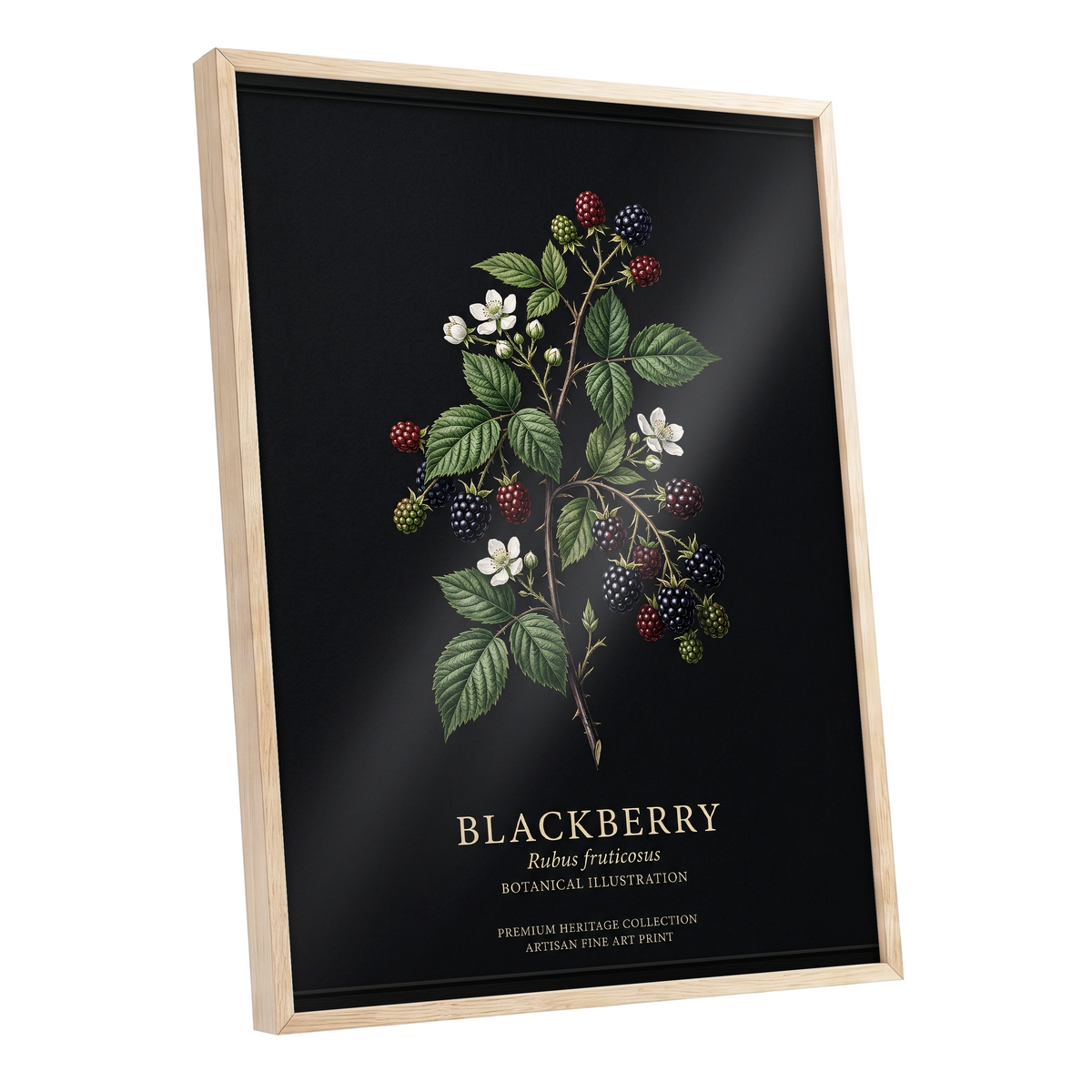 Blackberry Nocturne, black, green, red nature wall art shown as a oak framed poster wall art print