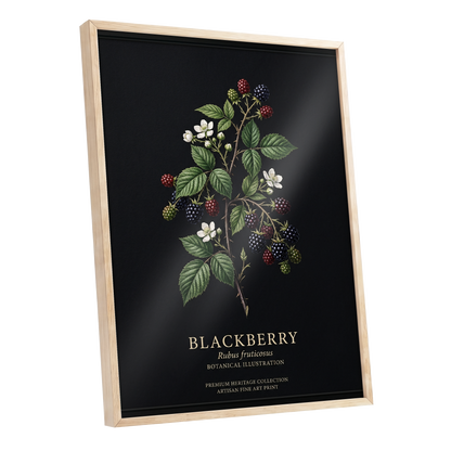 Blackberry Nocturne, black, green, red nature wall art shown as a oak framed poster wall art print