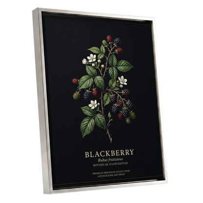 Blackberry Nocturne, black, green, red nature wall art shown as a silver framed canvas wall art