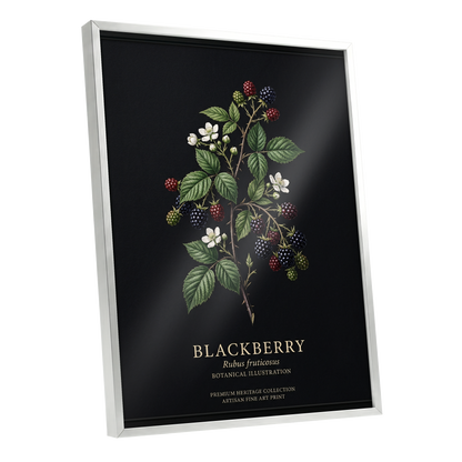 Blackberry Nocturne, black, green, red nature wall art shown as a silver framed poster wall art print