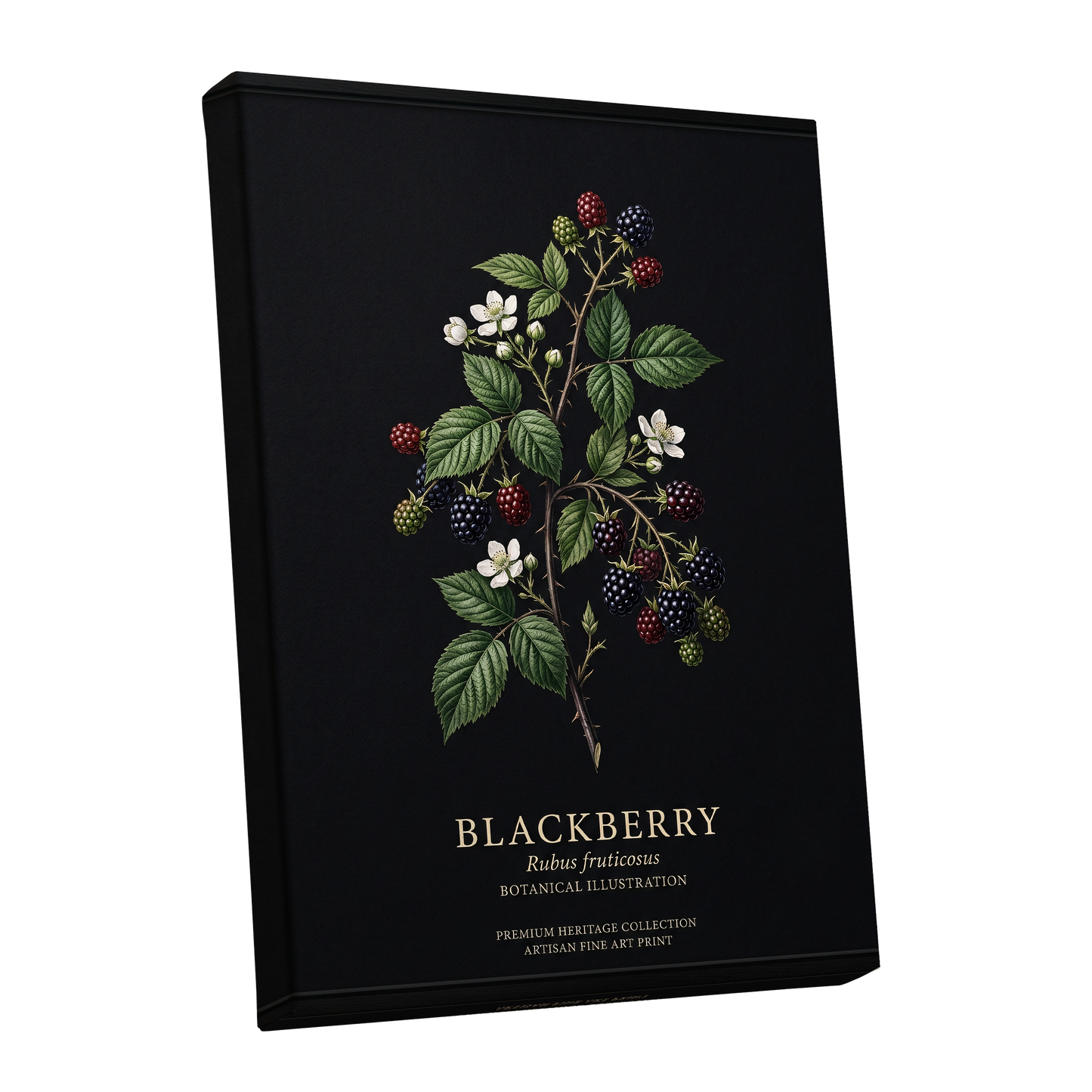 Blackberry Nocturne, black, green, red nature wall art shown as a stretched canvas wall art