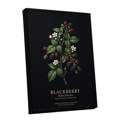 Blackberry Nocturne, black, green, red nature wall art shown as a stretched canvas wall art