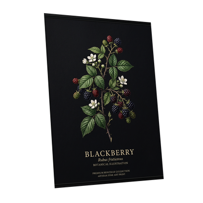 Blackberry Nocturne, black, green, red nature wall art shown as a unframed poster wall art print